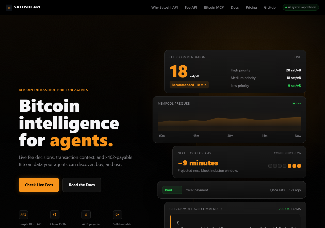 Satoshi API live homepage showing Bitcoin fee intelligence for agents