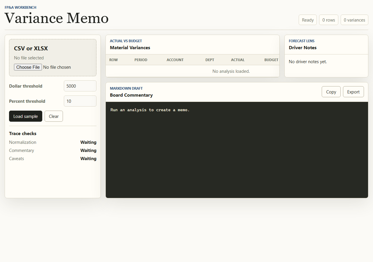 Variance Memo FP&A workbench with upload controls and board commentary output